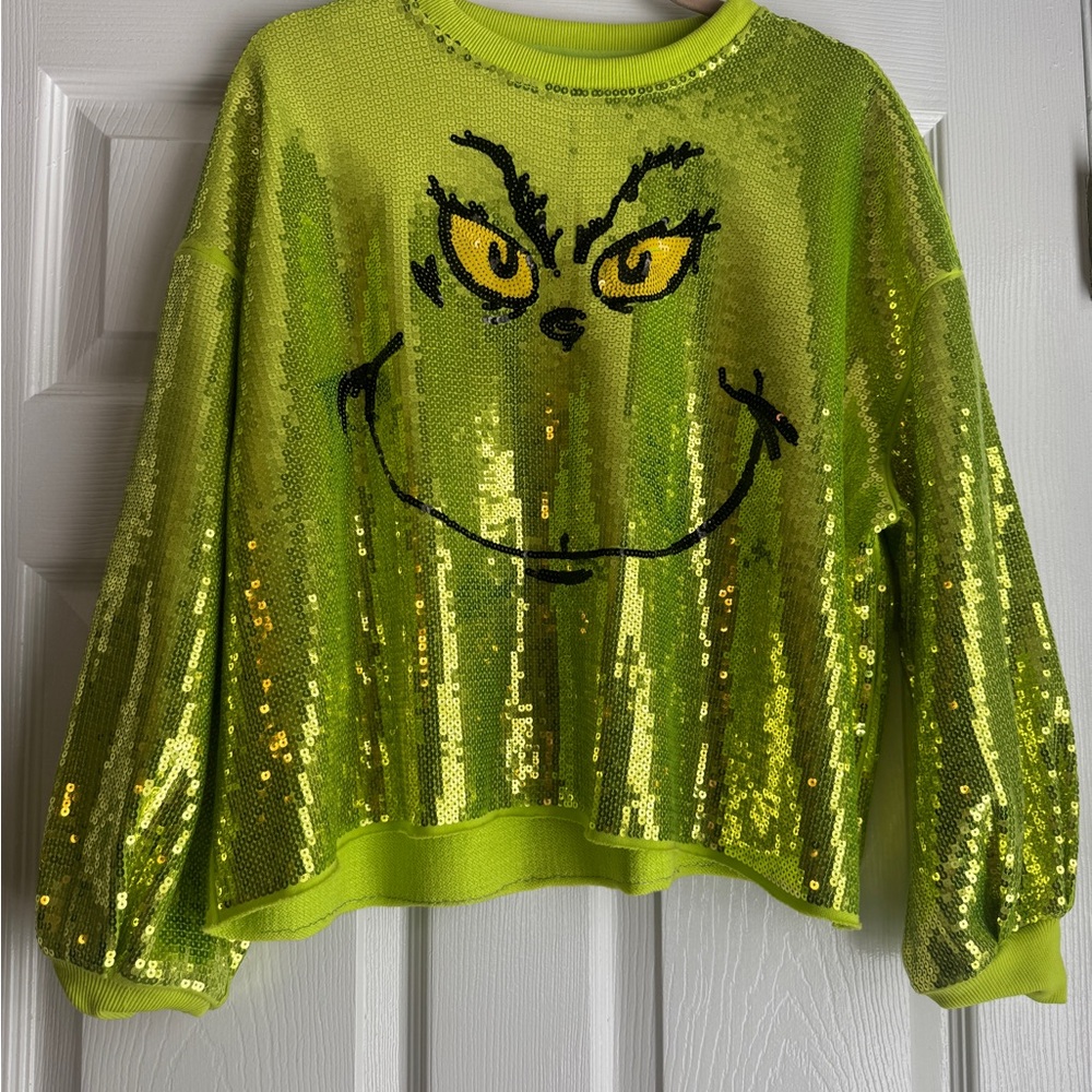 QUEEN OF SPARKLES Neon Green Grinch Sequin Sweatshirt
